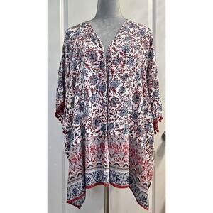 Umgee Red Floral Open Front Kimono Size S/M Tassels July 4